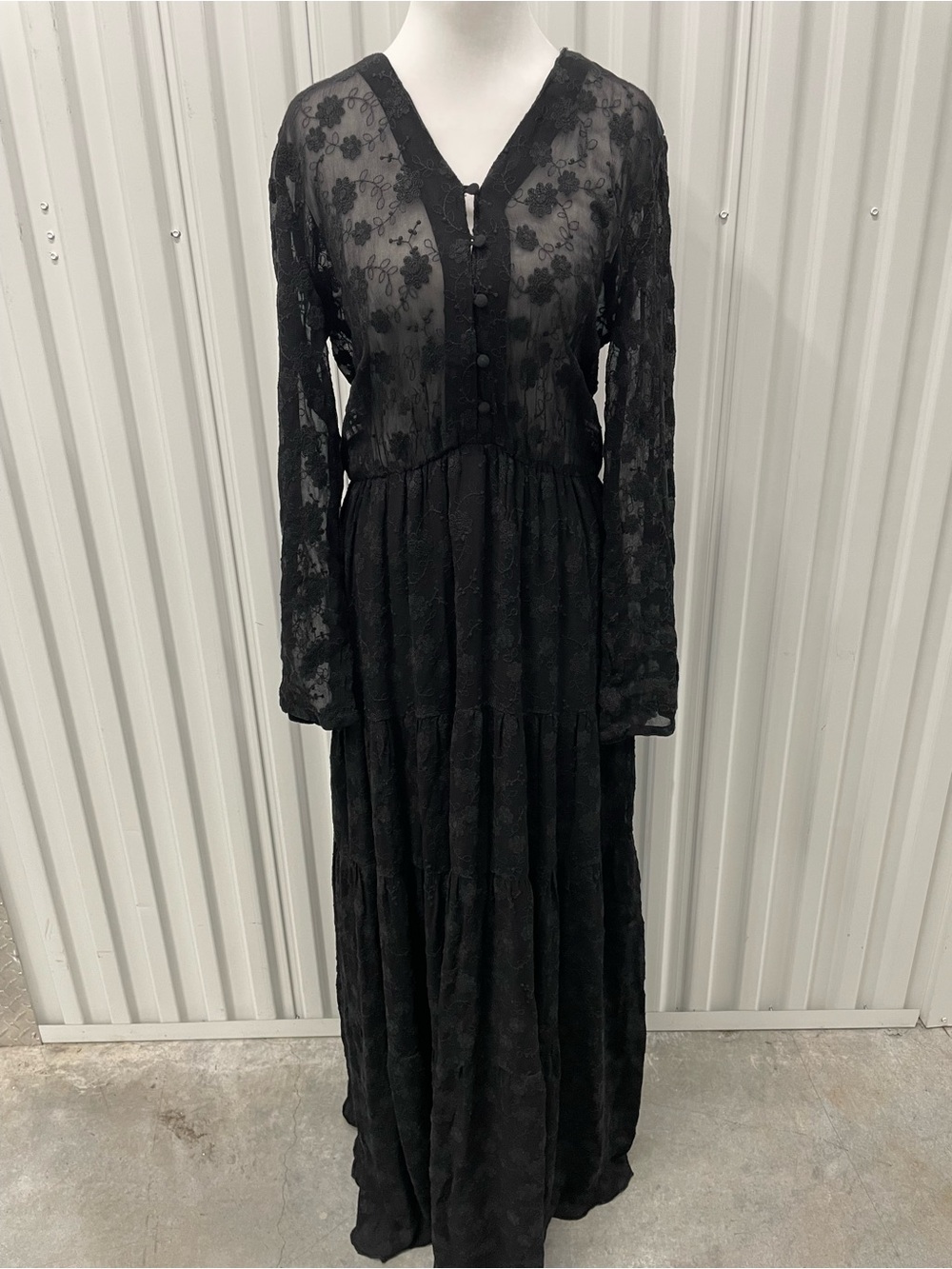 Mango Black Floral Embroidered Sheer Tiered Maxi Dress 4 Whimsigoth Dark Cottage